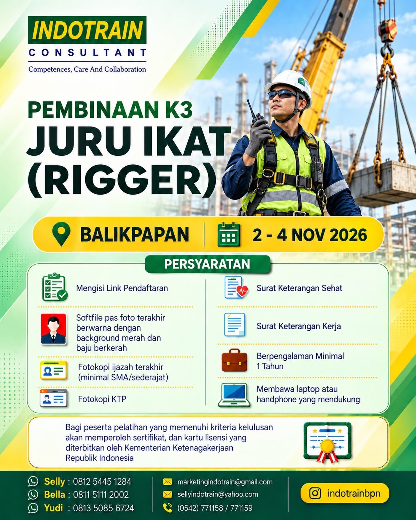 Pembinaan K3 Juru Ikat (Rigger) di Balikpapan, 2–4 Nov 2026.