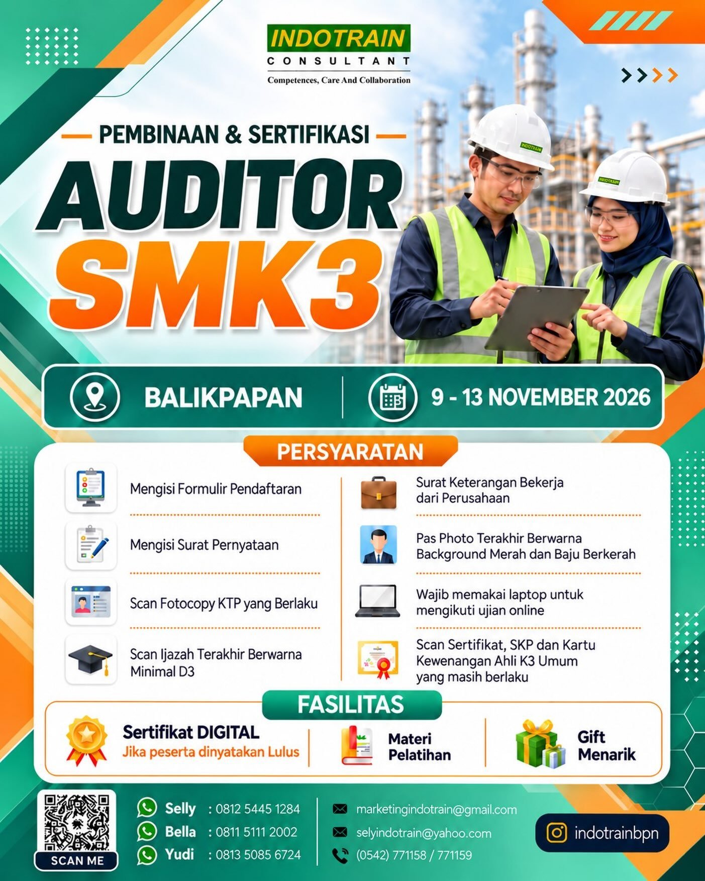 Pembinaan Auditor SMK3, offline tatap muka, 9-12 Nov 2026. Plan running!