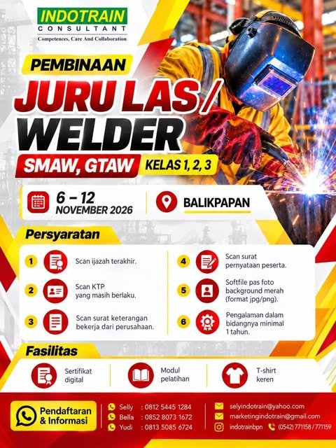 Pembinaan Juru Las (Welder) Kelas 3, 2, 1, 6–12 Nov 2026.