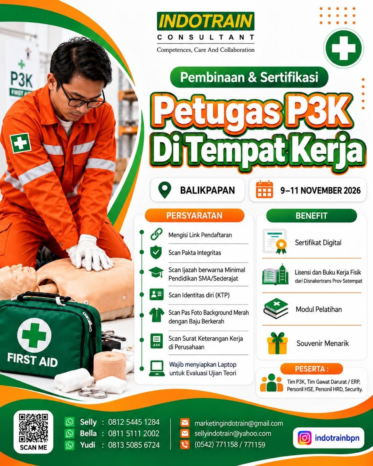 Pembinaan Petugas P3K di Tempat Kerja, offline, 9–11 Nov 2026.