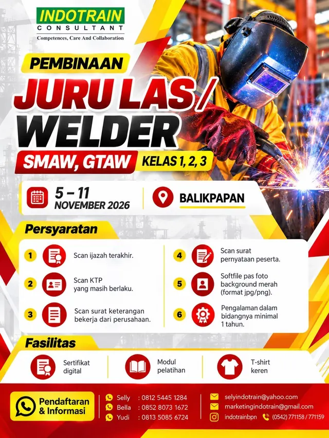 Pembinaan Juru Las (Welder) Kelas 3, 2, 1. Plan running 5-11 Okt 2026.