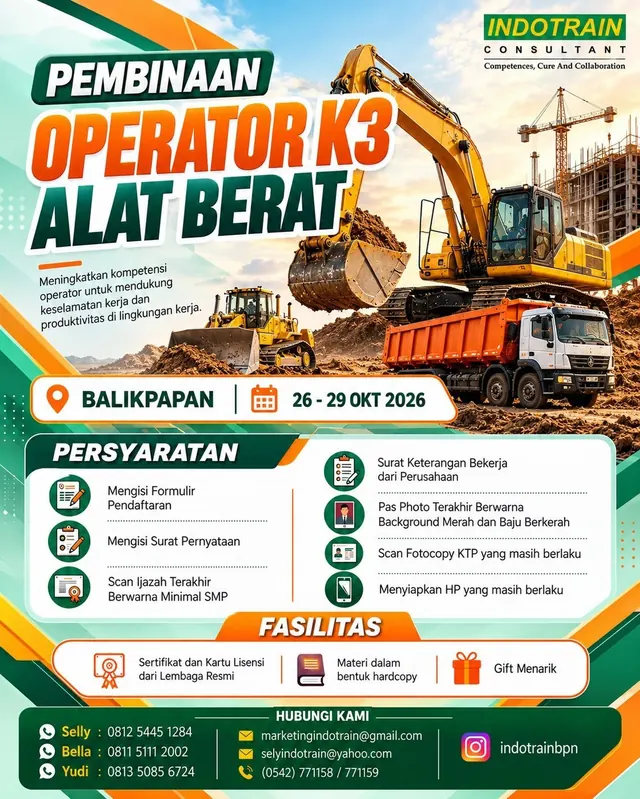 Pembinaan Operator Alat Berat. Plan running 26-29 Okt 2026.