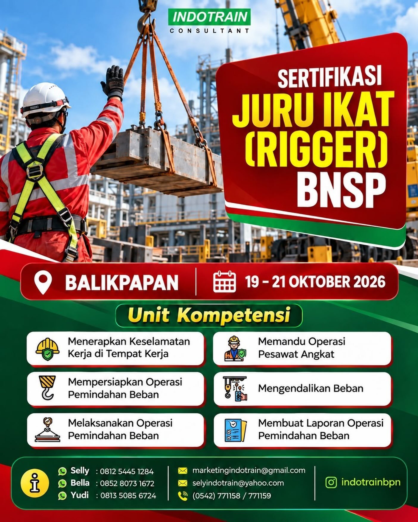 Training Juru Ikat / Rigger BNSP. Plan running 19-21 Okt 2026.